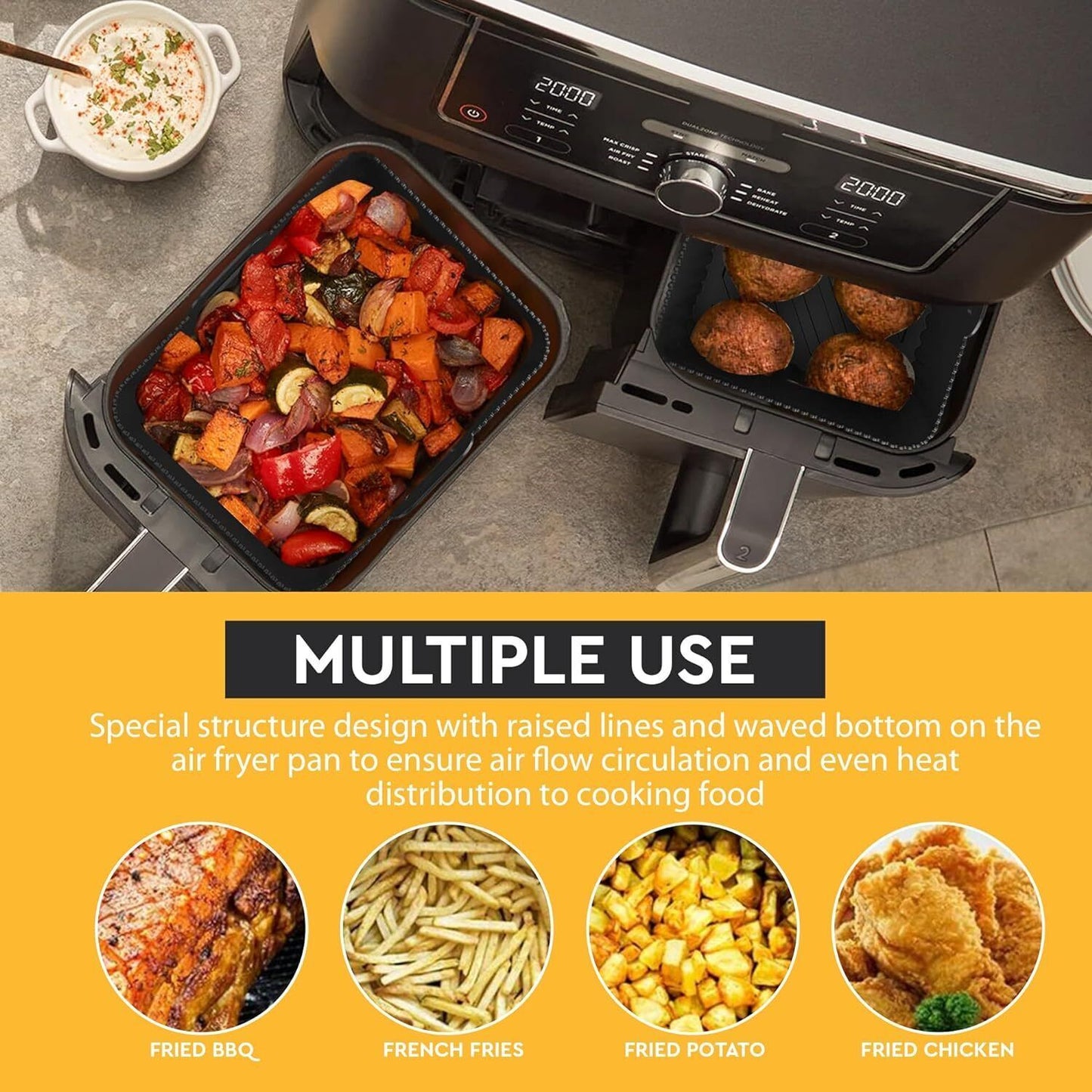 2 PCS Air Fryer Silica Gel Baking Pan Dual Basket Liner Handle Baking Oven New